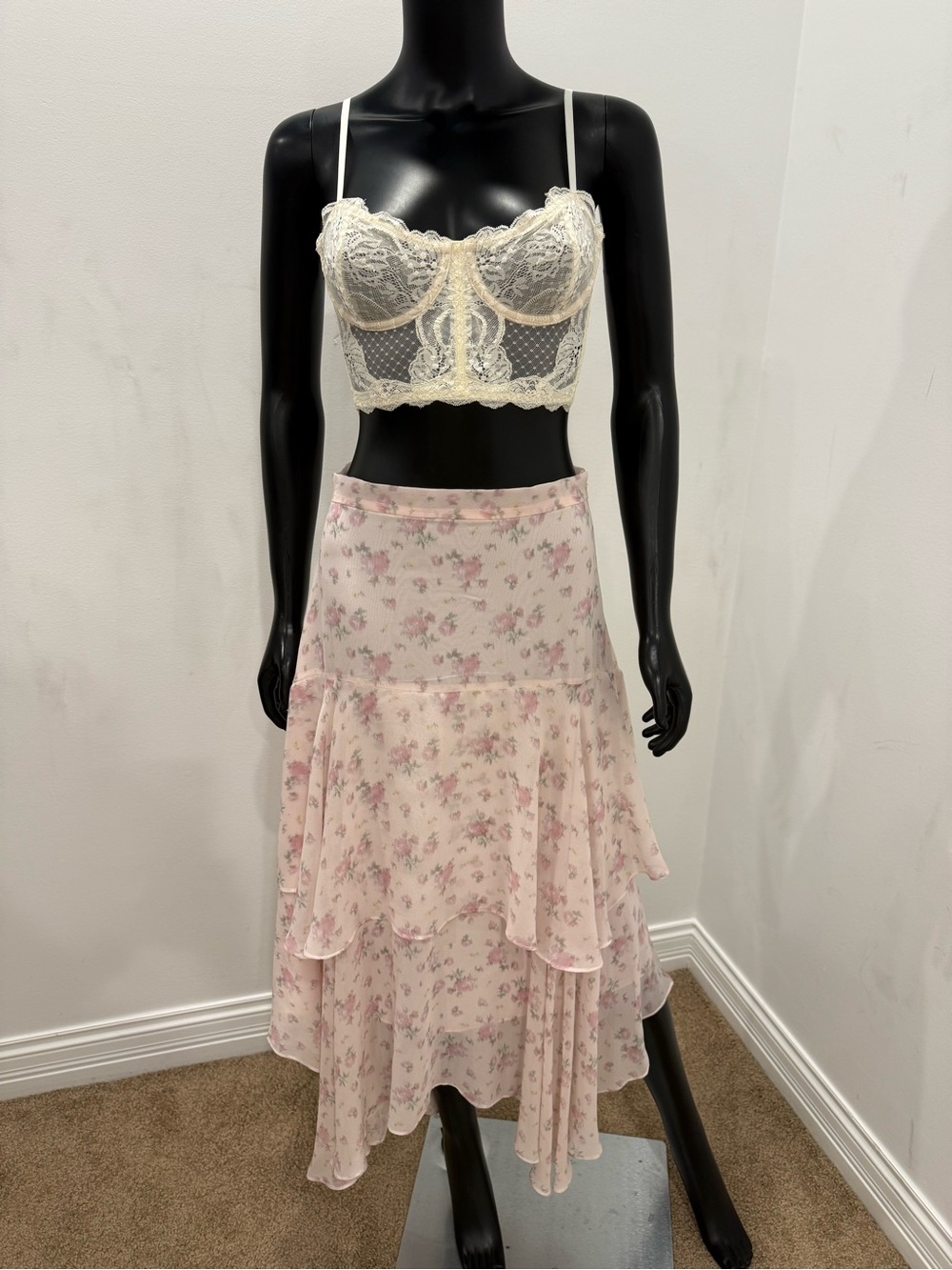 LoveShackFancy 100% Silk Floral Tiered Ruffle Midi Skirt NWT Like New Size 6